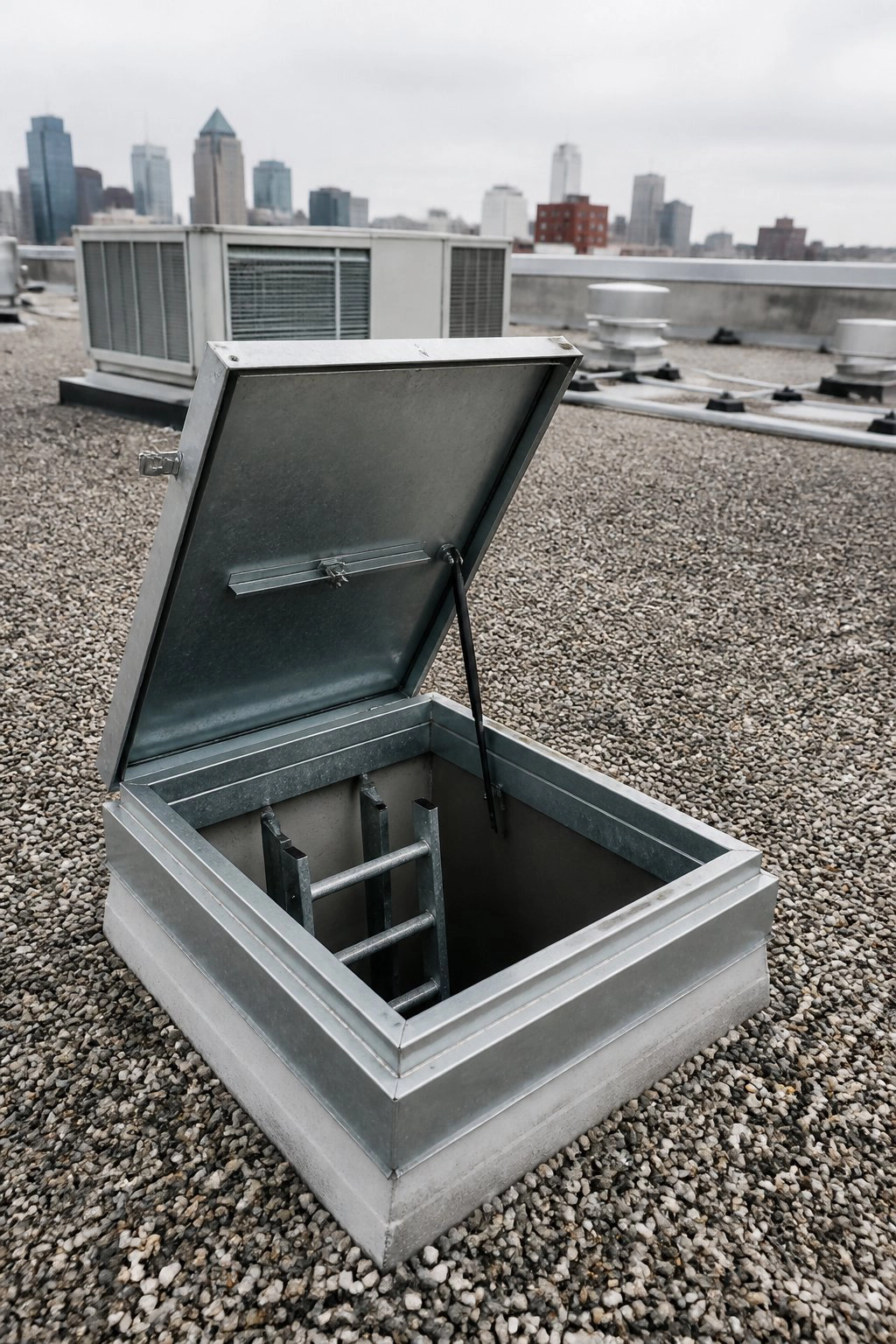 Open rooftop access hatch on gravel roof surface
