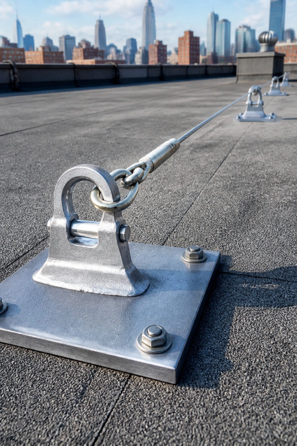 Roof safety anchor point installed on membrane roofing