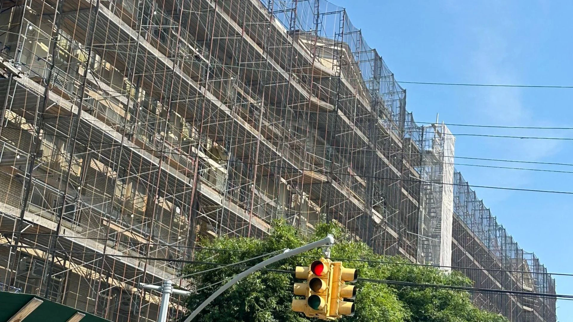 Scaffolding and site preparation for facade restoration