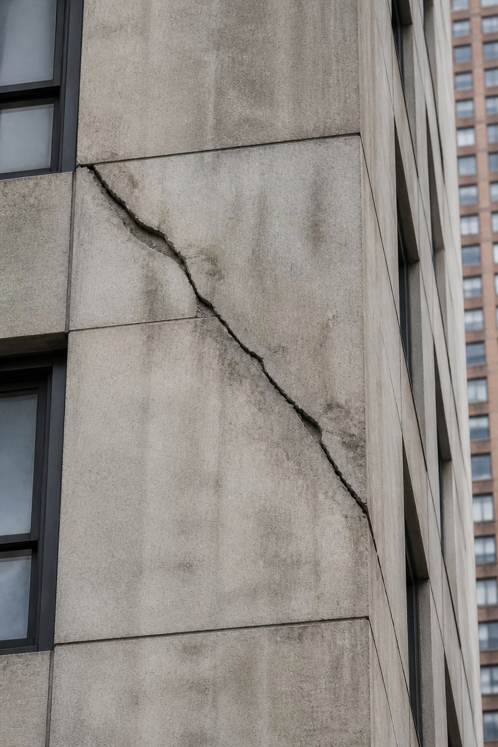 Concrete spalling and structural cracking on building exterior