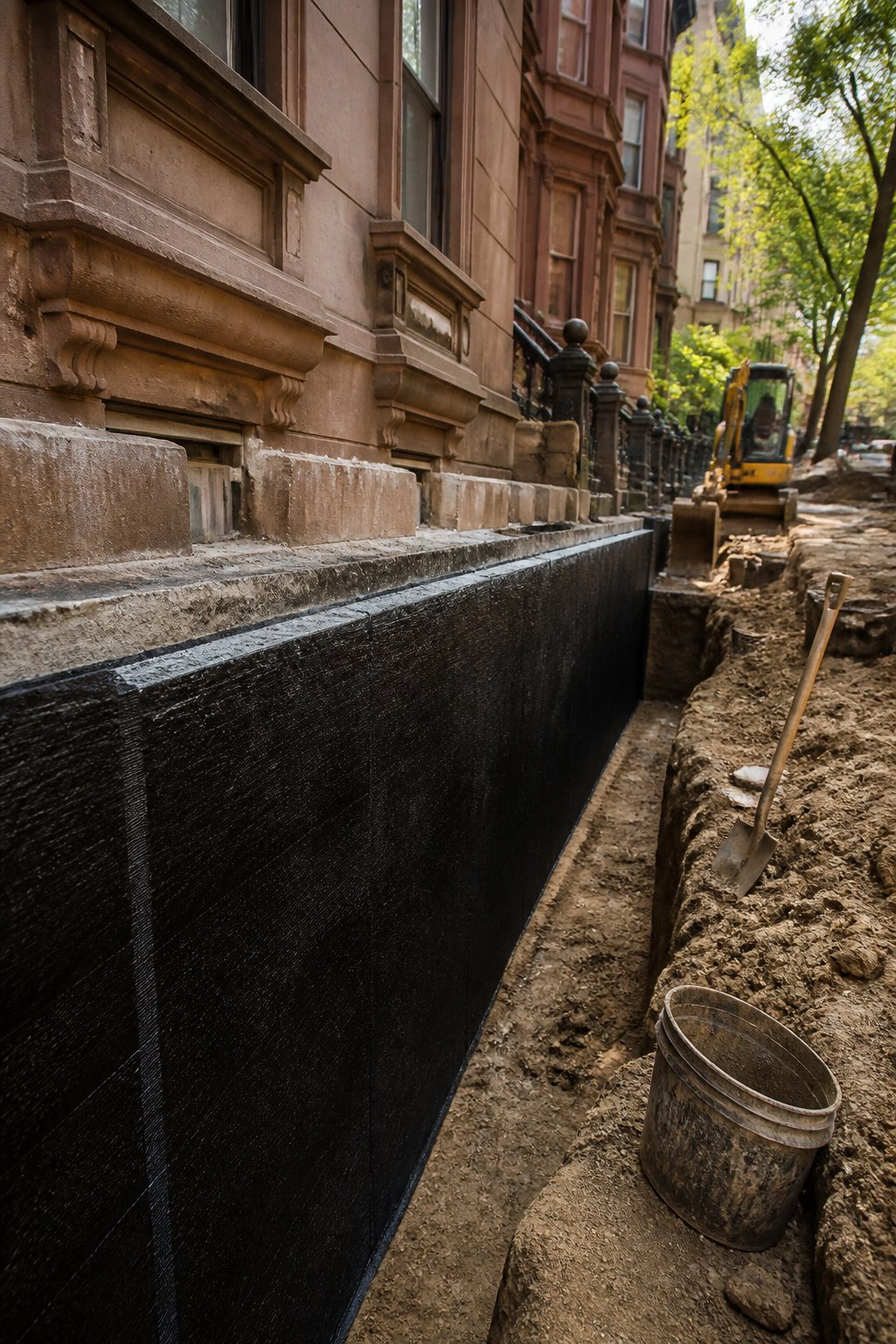Excavated foundation wall with black waterproof membrane coating
