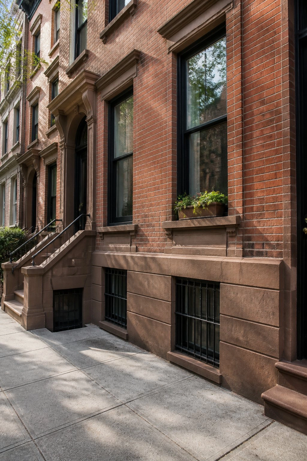 Brownstone entry stairs and basement level windows on NYC townhouse