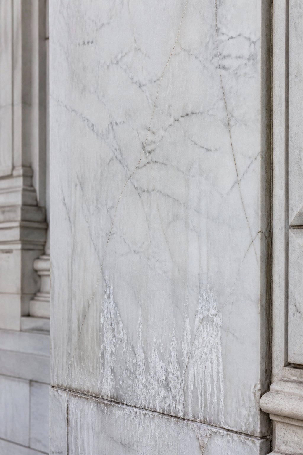 Marble facade panel with fine hairline cracking and carved column detail